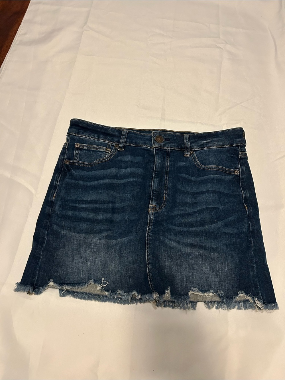 American Eagle Outfitters Dark Blue Denim Mini Skirt with Frayed Hem